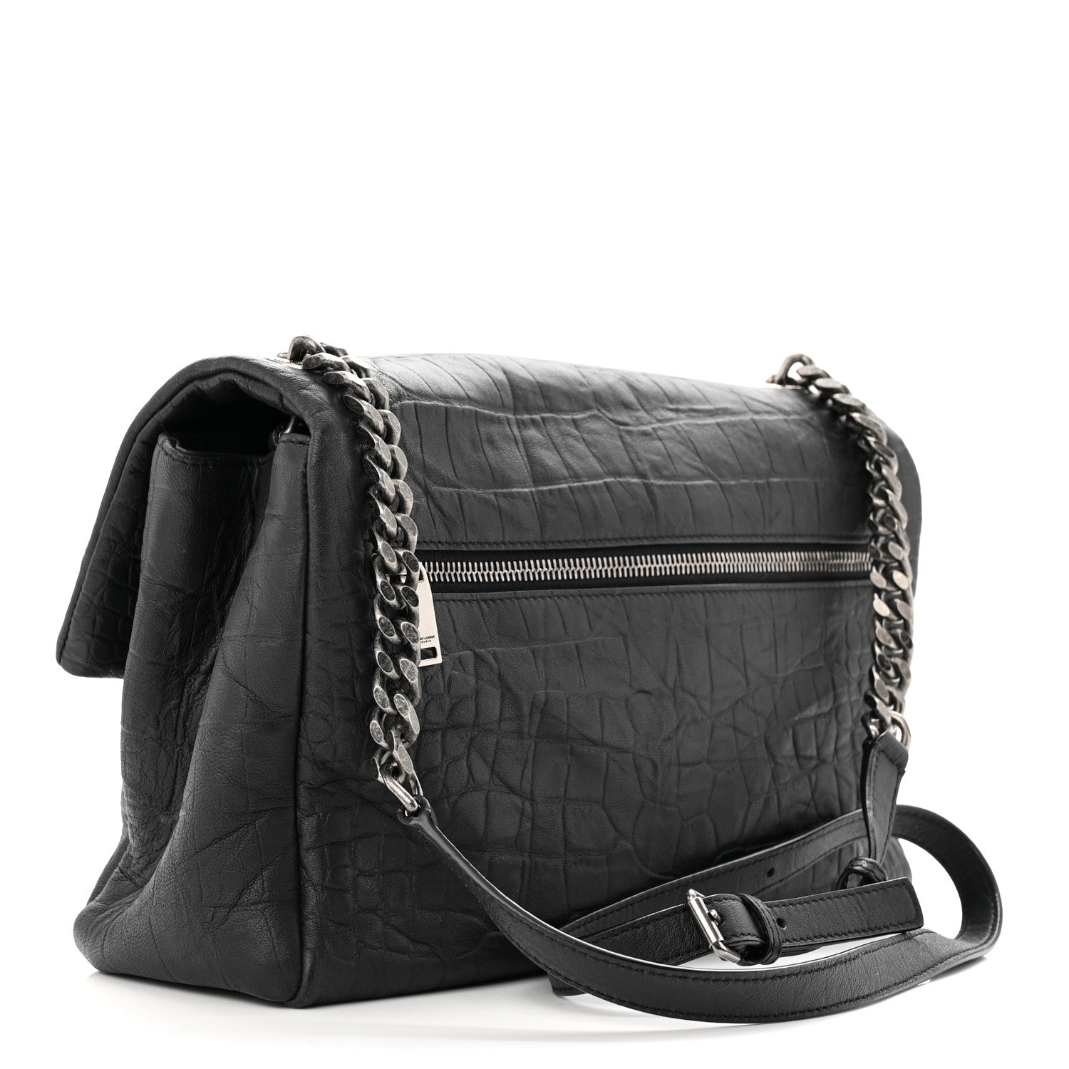 Saint Laurent Calfskin Crocodile Embossed Medium West Hollywood Monogram Fold-Over Grey 3 of 11