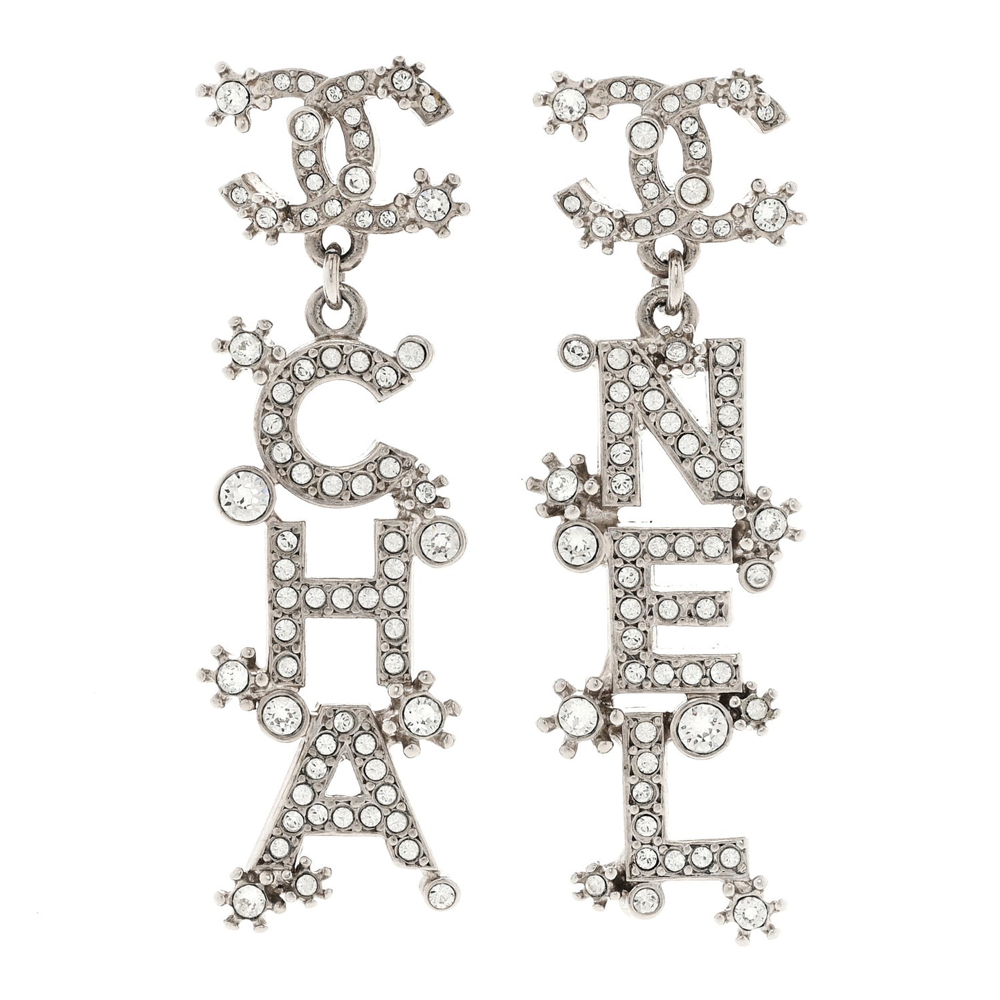 Crystal Cha-Nel Logo Drop Earrings Silver