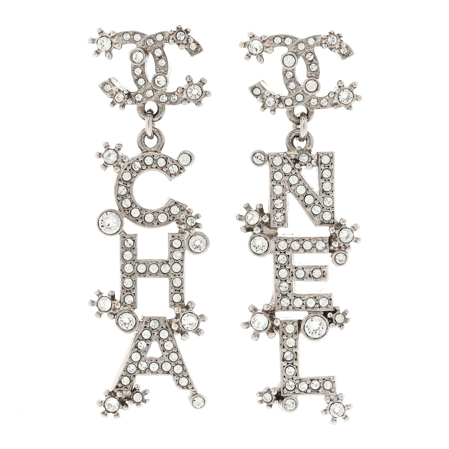 Chanel Crystal Cha-Nel Logo Drop Earrings Silver 1 of 5