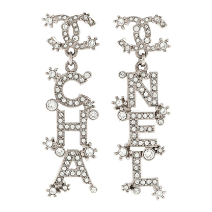 Chanel Crystal Cha-Nel Logo Drop Earrings Silver 1 of 5