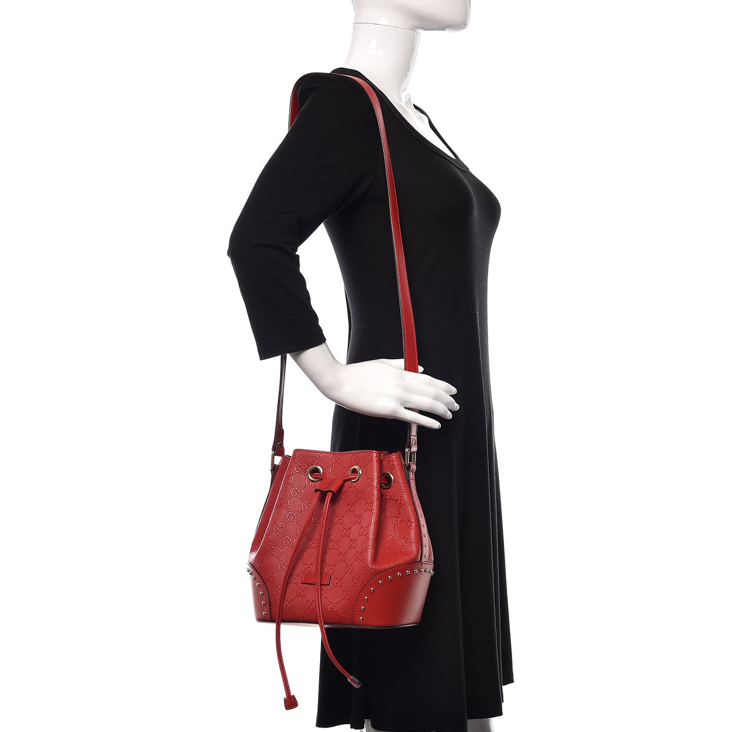 HIlary Lux GG Monogram Embossed Studded Small Bucket Bag Tobasco