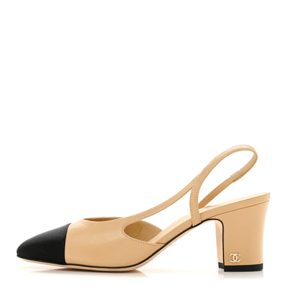 Chanel Goatskin Grosgrain Cap Toe CC Slingback Pumps 37 Beige Black 1 of 10