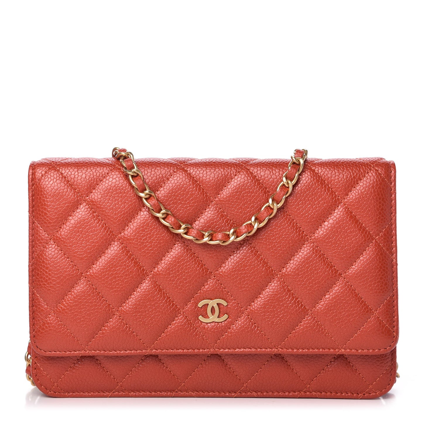 Pearly Caviar Quilted Wallet On Chain WOC Orange