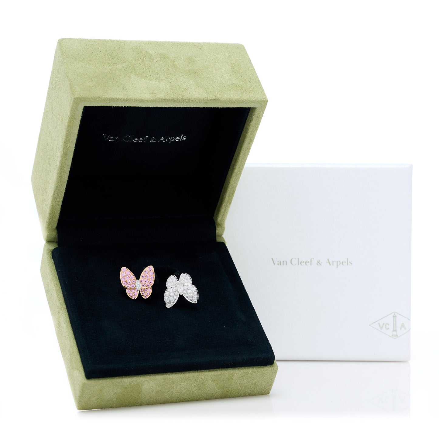 18K White Rose Gold Diamond Pink Sapphire Two Butterfly Between The Finger Ring 55 7.25