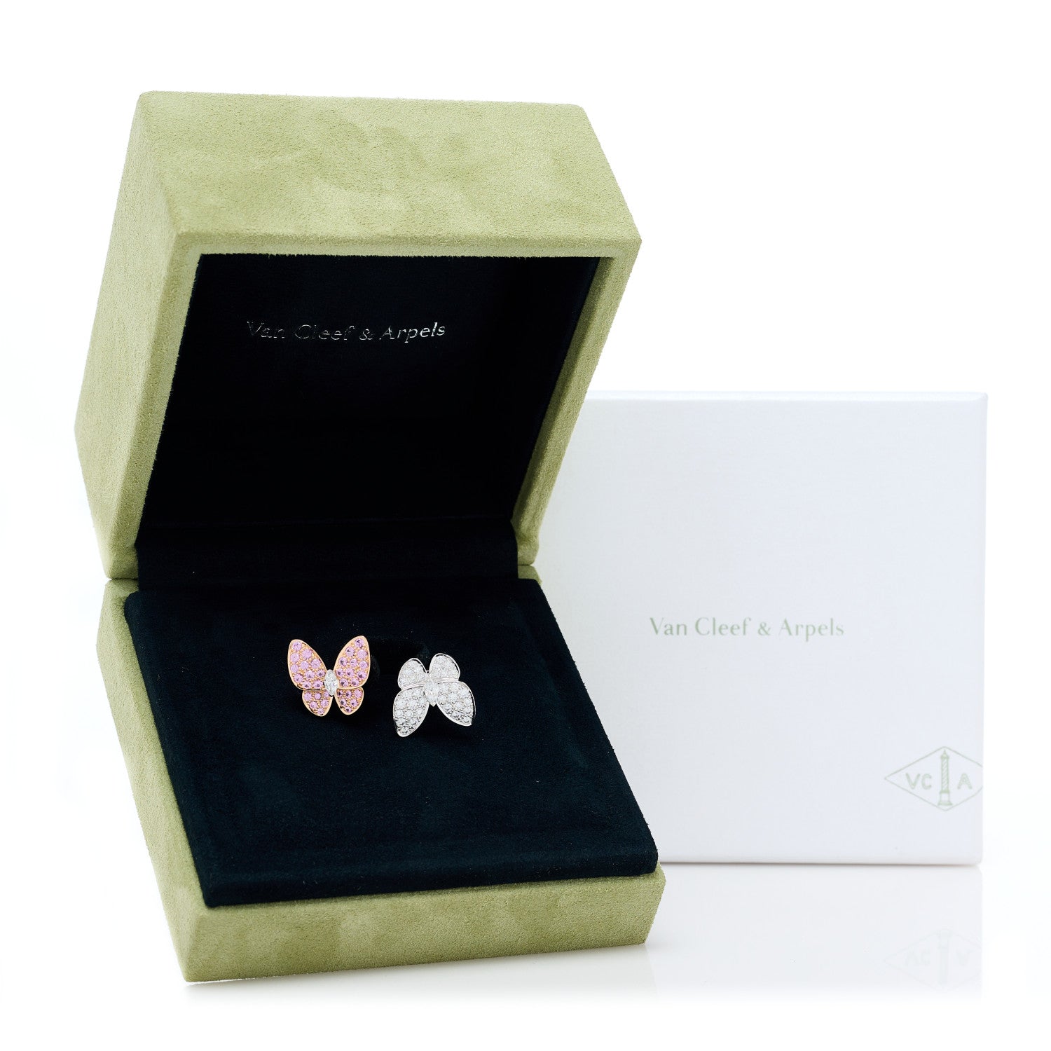 Van Cleef & Arpels 18K White Rose Gold Diamond Pink Sapphire Two Butterfly Between The Finger Ring 55 7.25 10 of 10