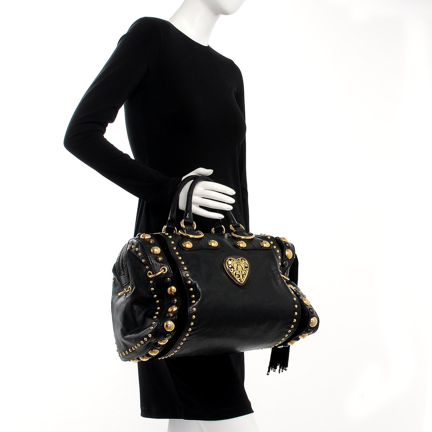Suede Calfskin Large Babouska Studded Boston Black