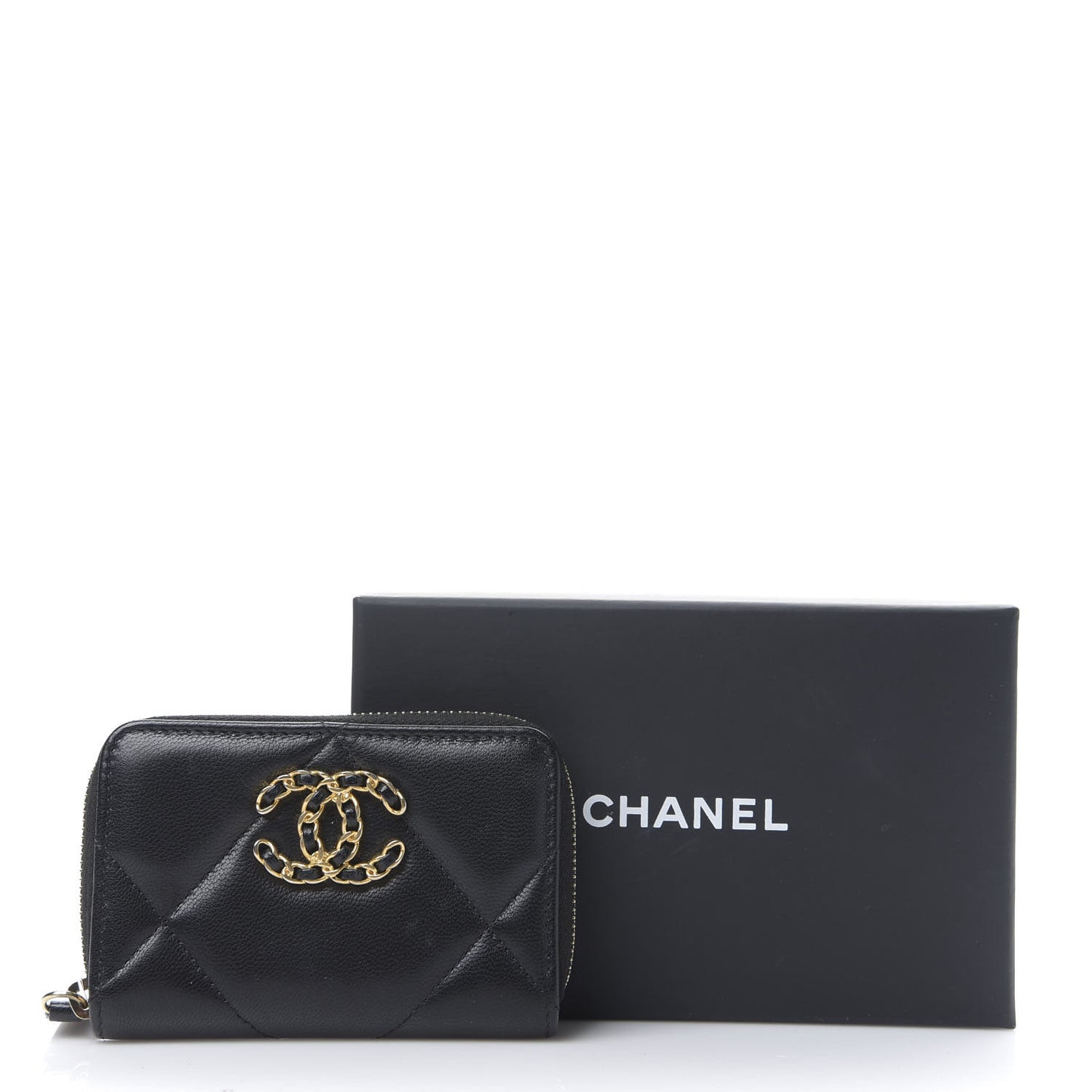 Shiny Goatskin Quilted Chanel 19 Zip Around Coin Purse Wallet Black