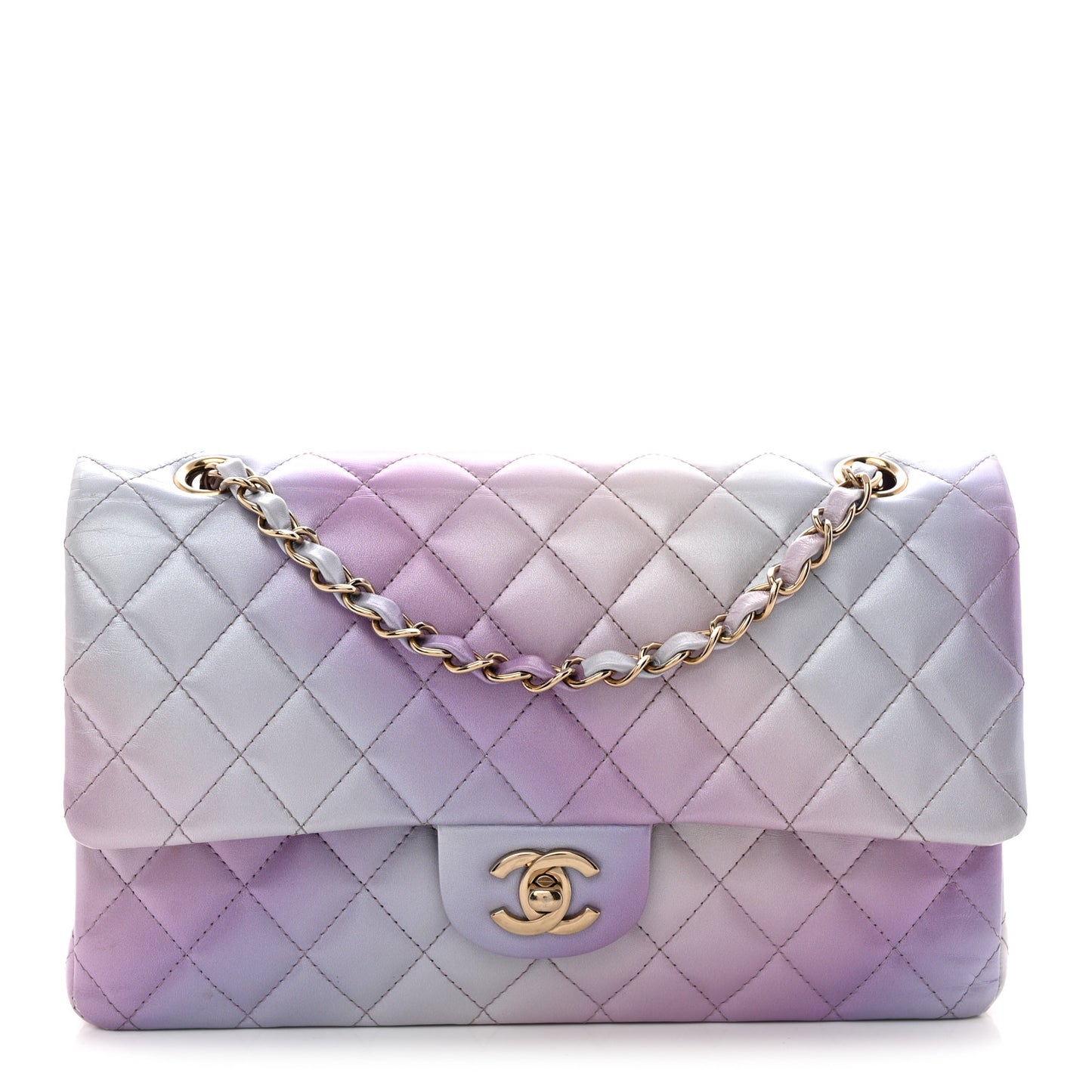 Lambskin Quilted Tie Dye Ombre Medium Double Flap Purple Blue Pink