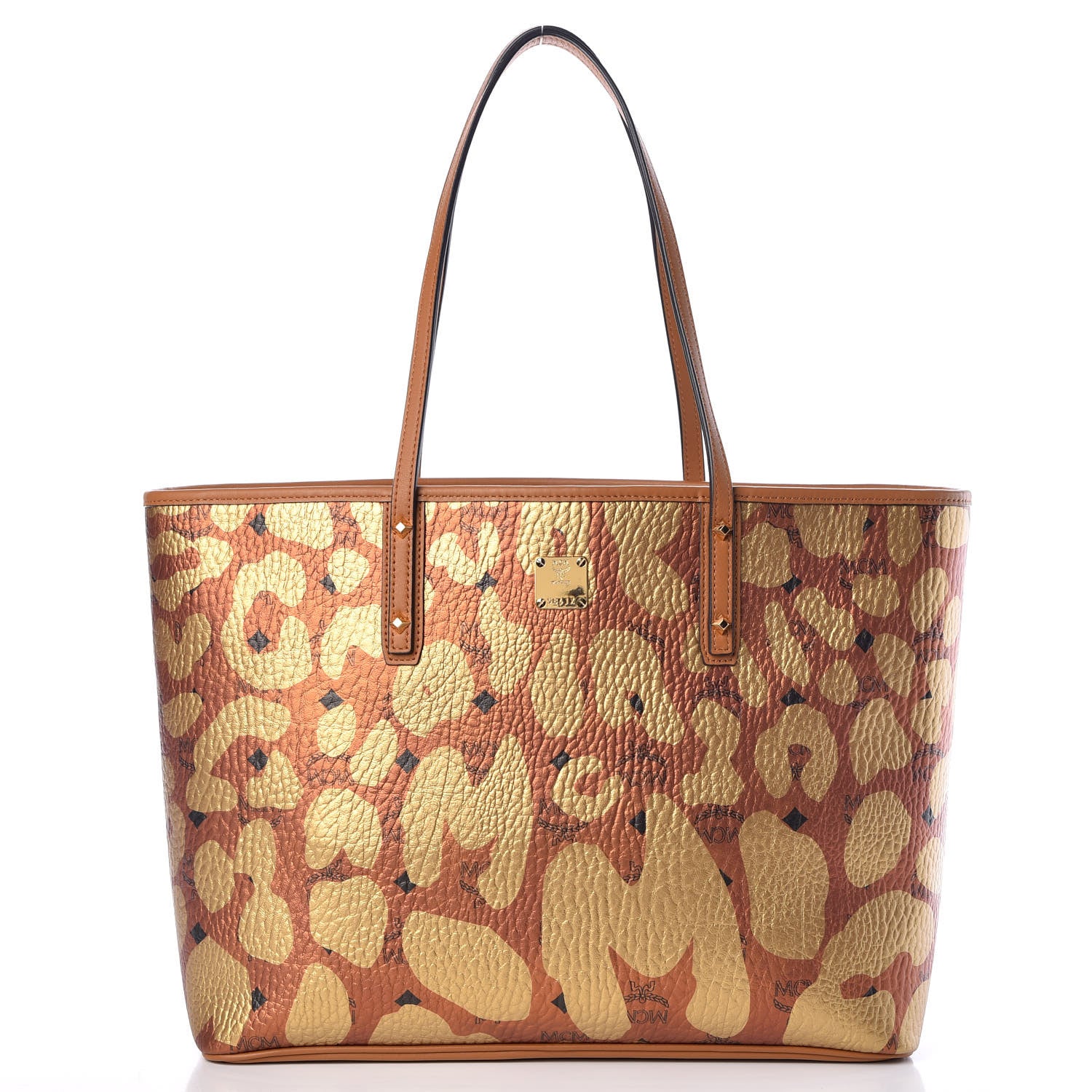 MCM Visetos Metallic Leopard Print Medium Anya Shopper Tote Cognac 3 of 9