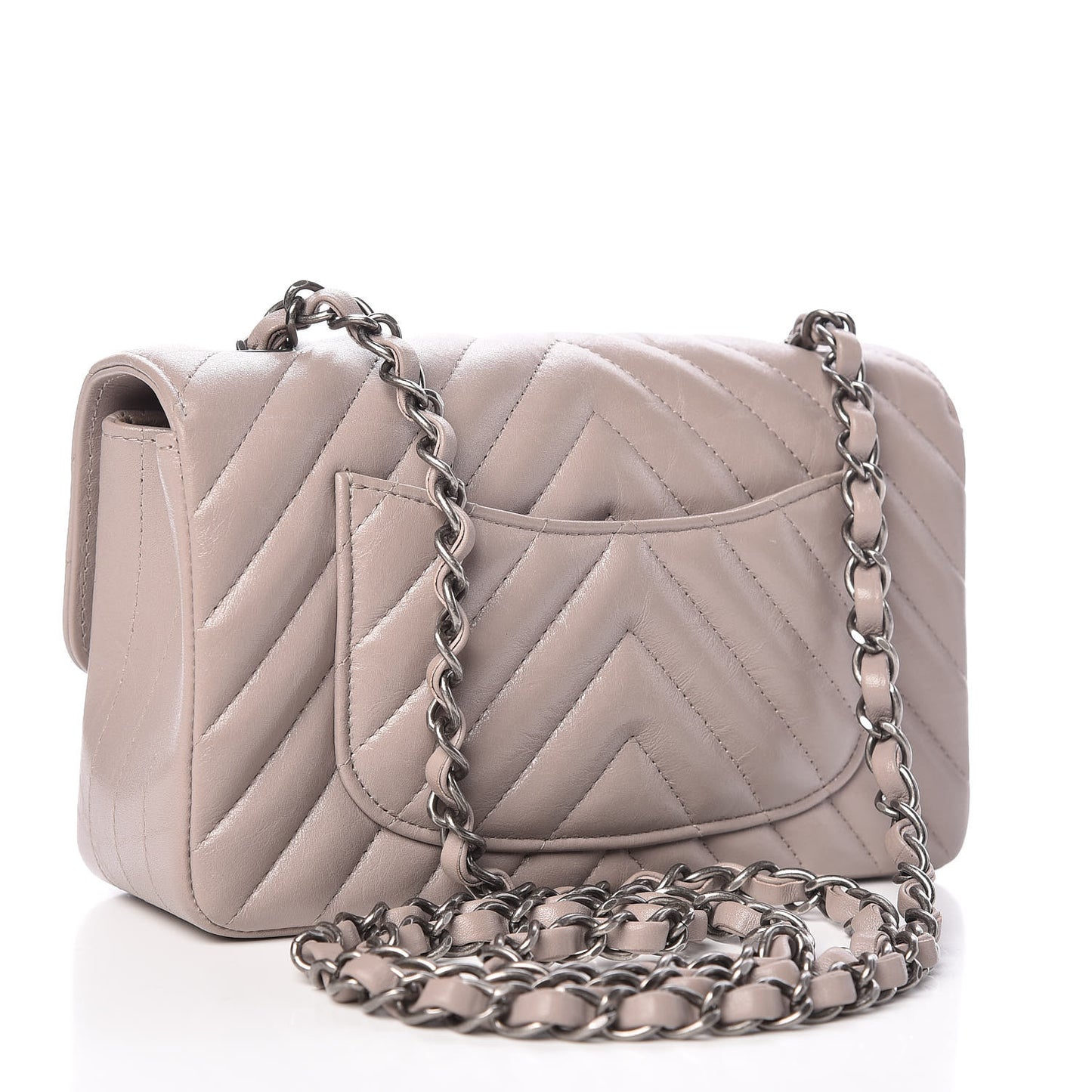 Iridescent Calfskin Chevron Quilted Mini Rectangular Flap Grey
