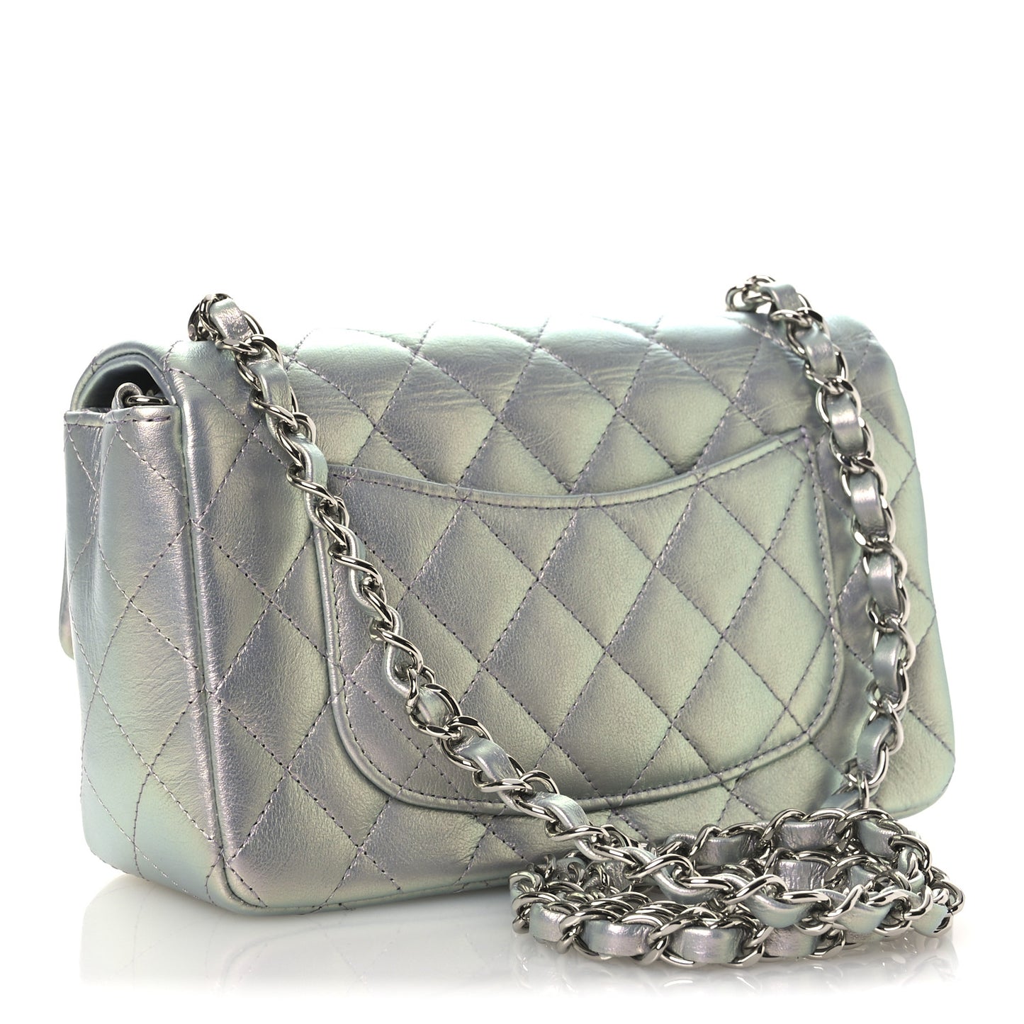 Iridescent Calfskin Quilted Mini Rectangular Flap Light Blue