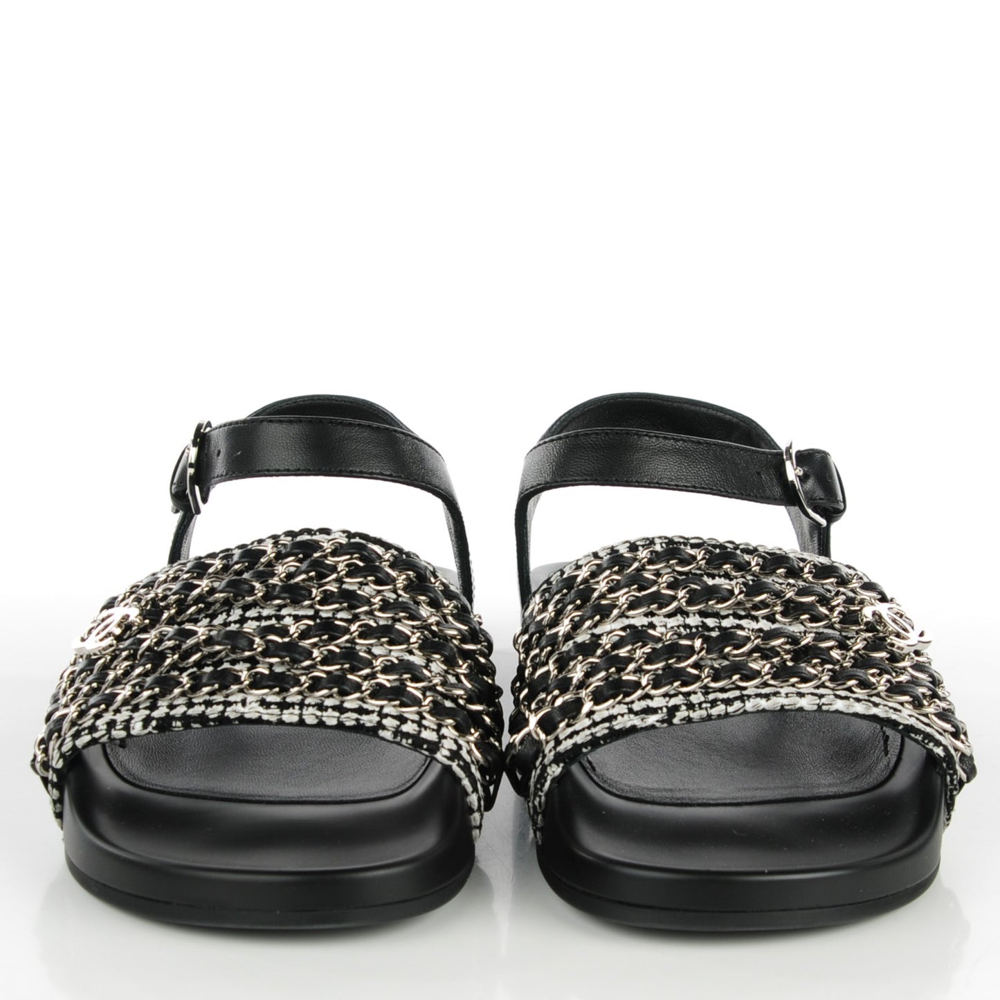 Tweed Lambskin Chain Flat Sandals 38 Black White