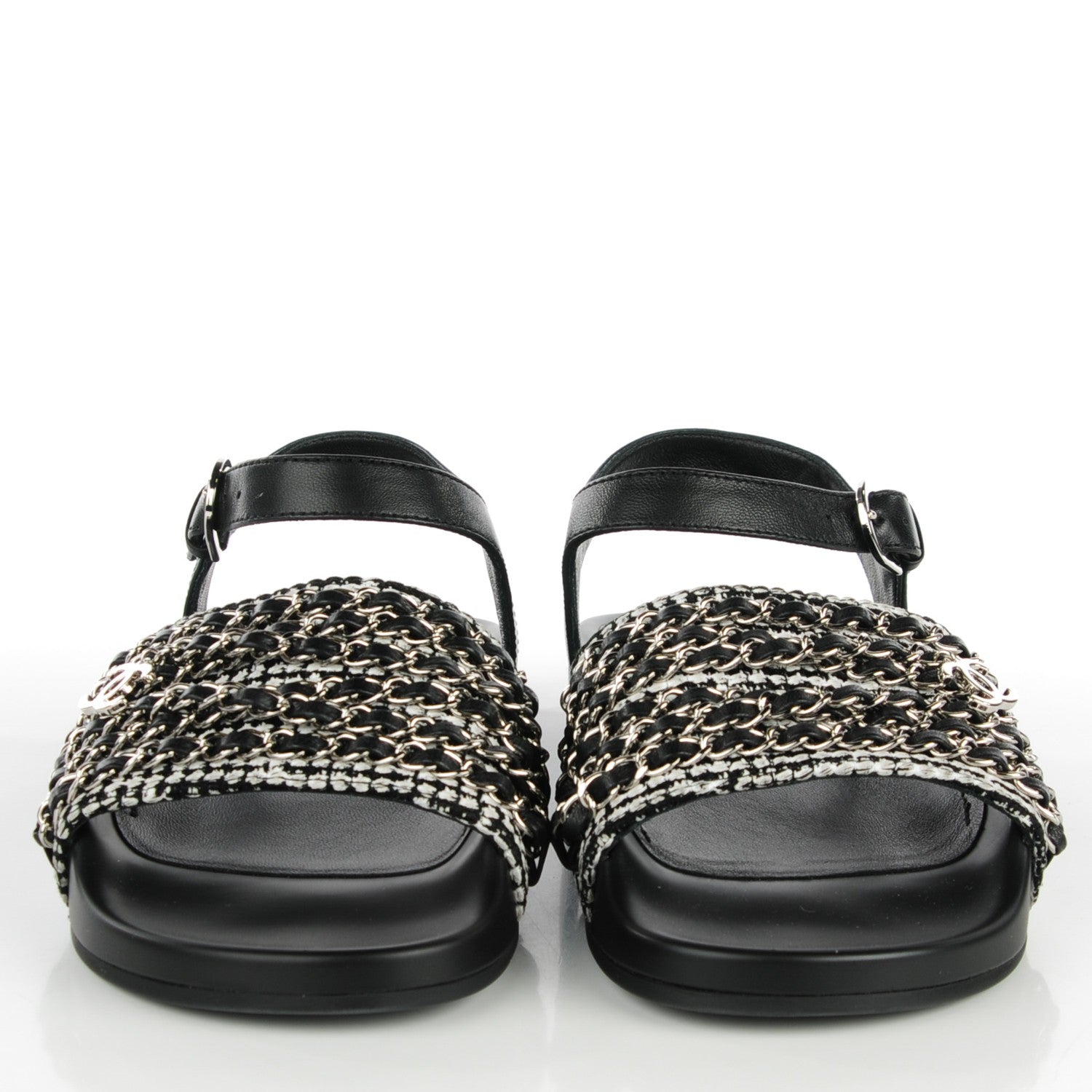 Chanel Tweed Lambskin Chain Flat Sandals 38 Black White 2 of 9