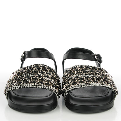 Chanel Tweed Lambskin Chain Flat Sandals 38 Black White 2 of 9