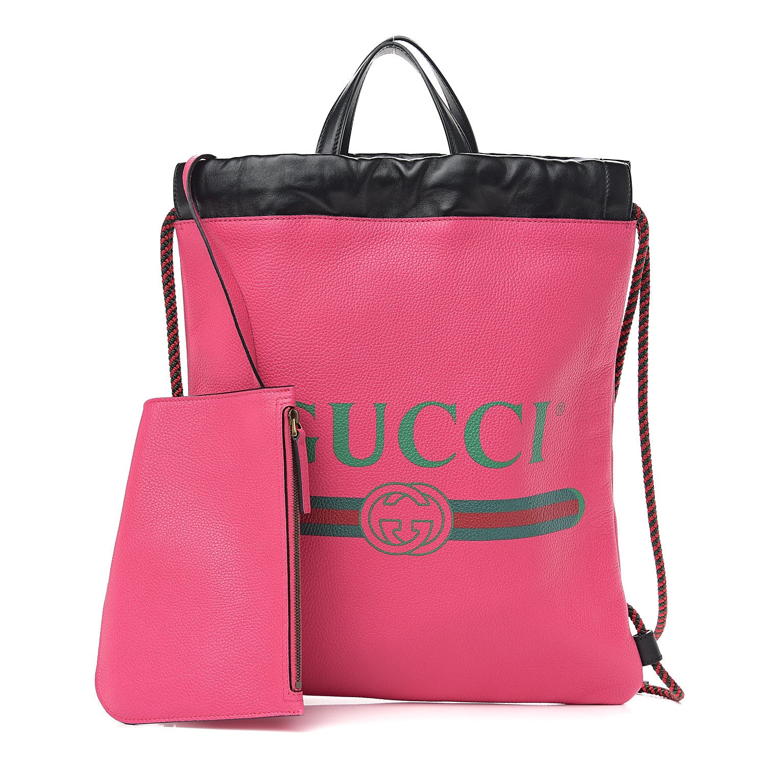Gucci Grained Calfskin Logo Drawstring Backpack Box Pink Green Black 1 of 10