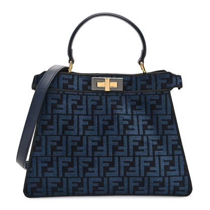 Fendi Chenille Vitello Seta FF Medium Peekaboo I SEE U Satchel Blue Black 1 of 9