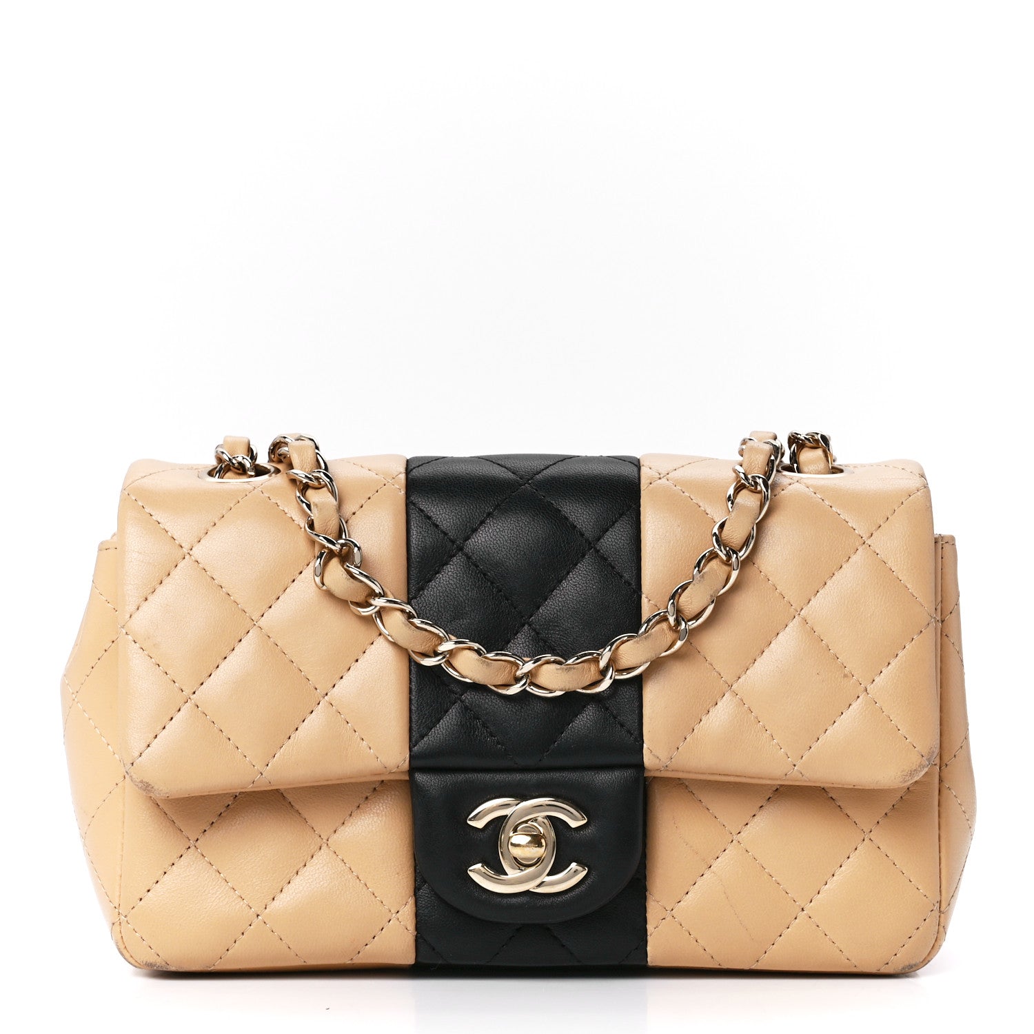 Chanel Lambskin Quilted Mini Rectangular Flap Beige Black 1 of 12