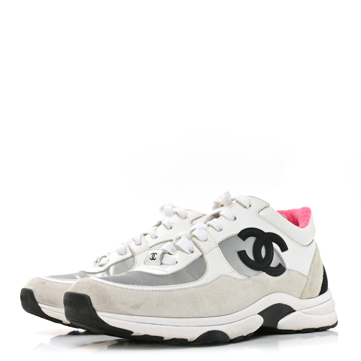 Chanel Calfskin Fabric Sneakers 37 White Silver Fluo Pink 4 of 8