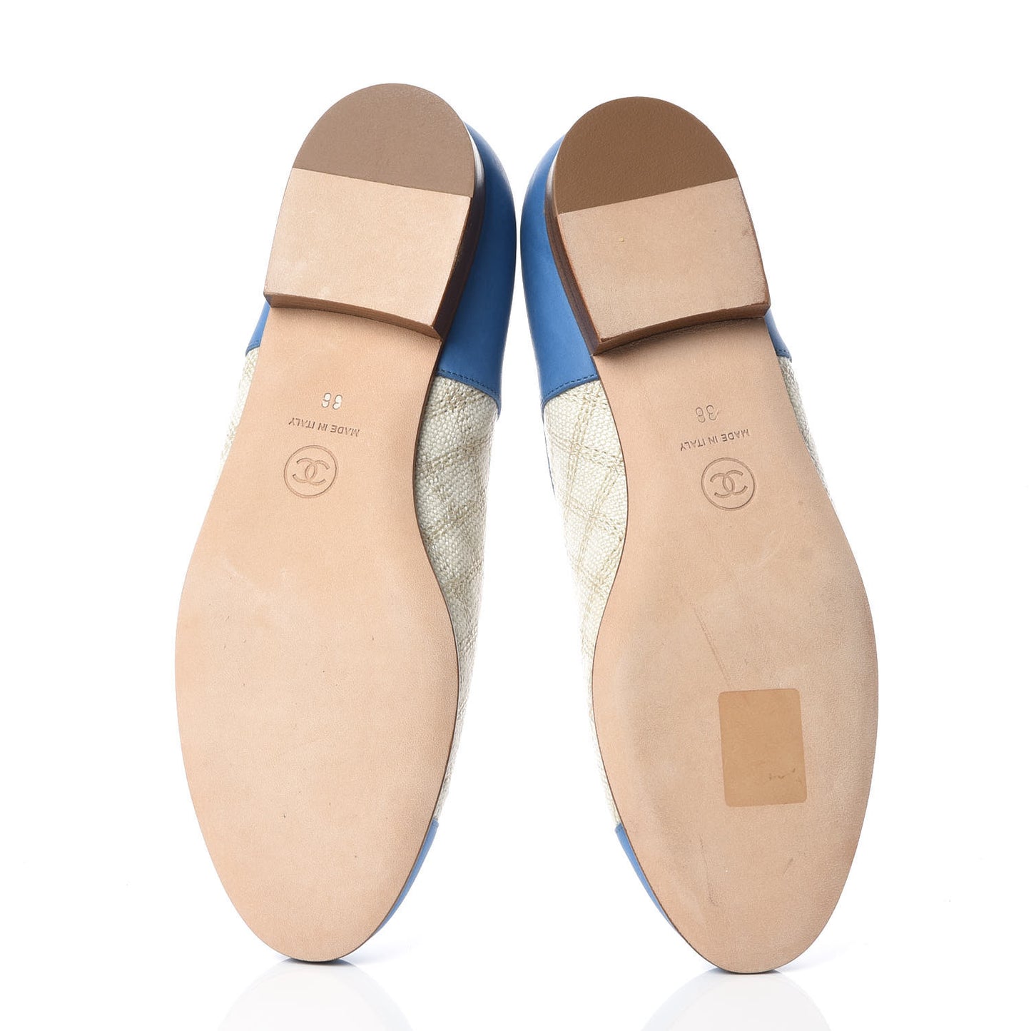 Toile Oily Calfskin CC Cap Toe Ballerina Flats 36 Light Beige Blue