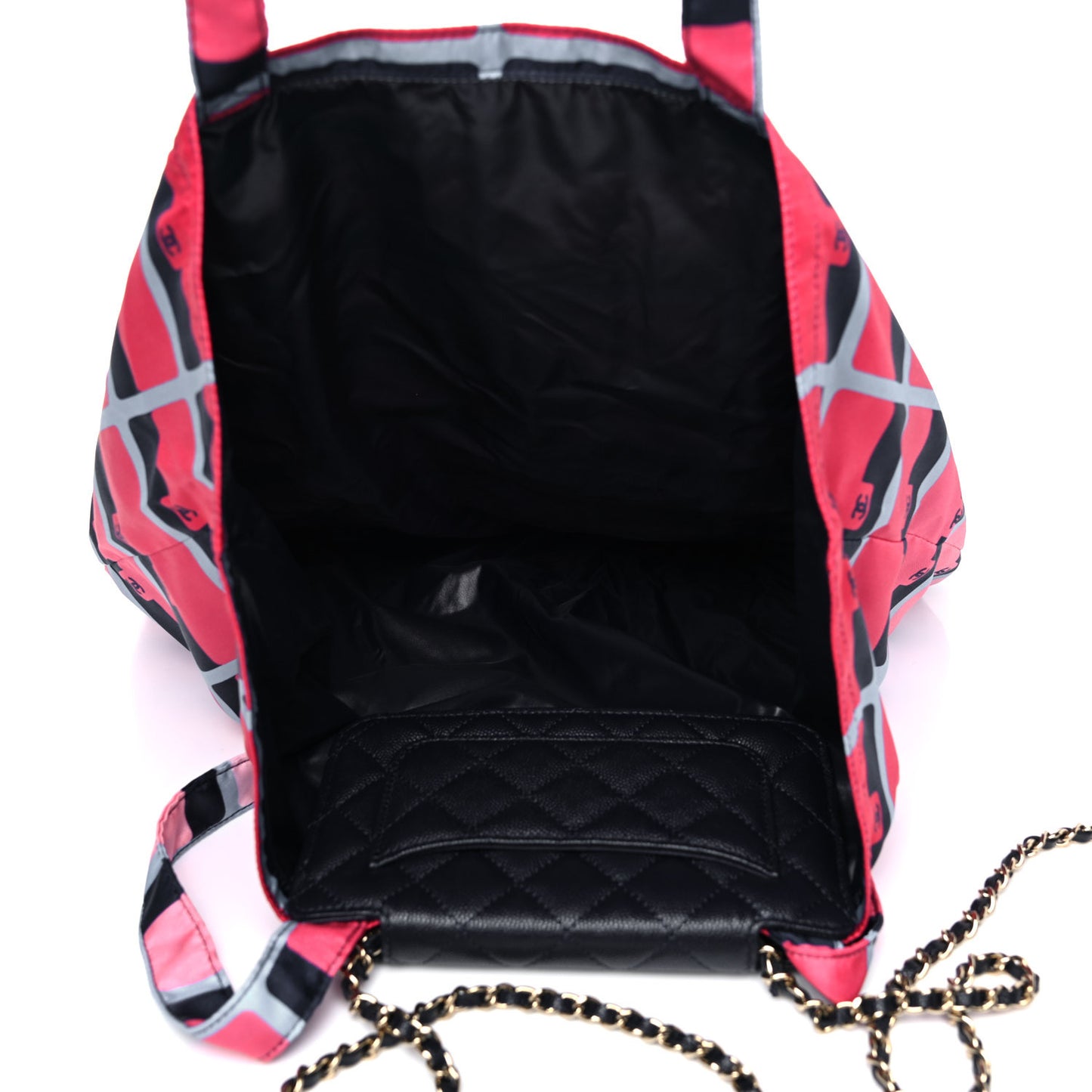 Caviar Fabric Quilted Foldable Tote With Chain Black Multicolor