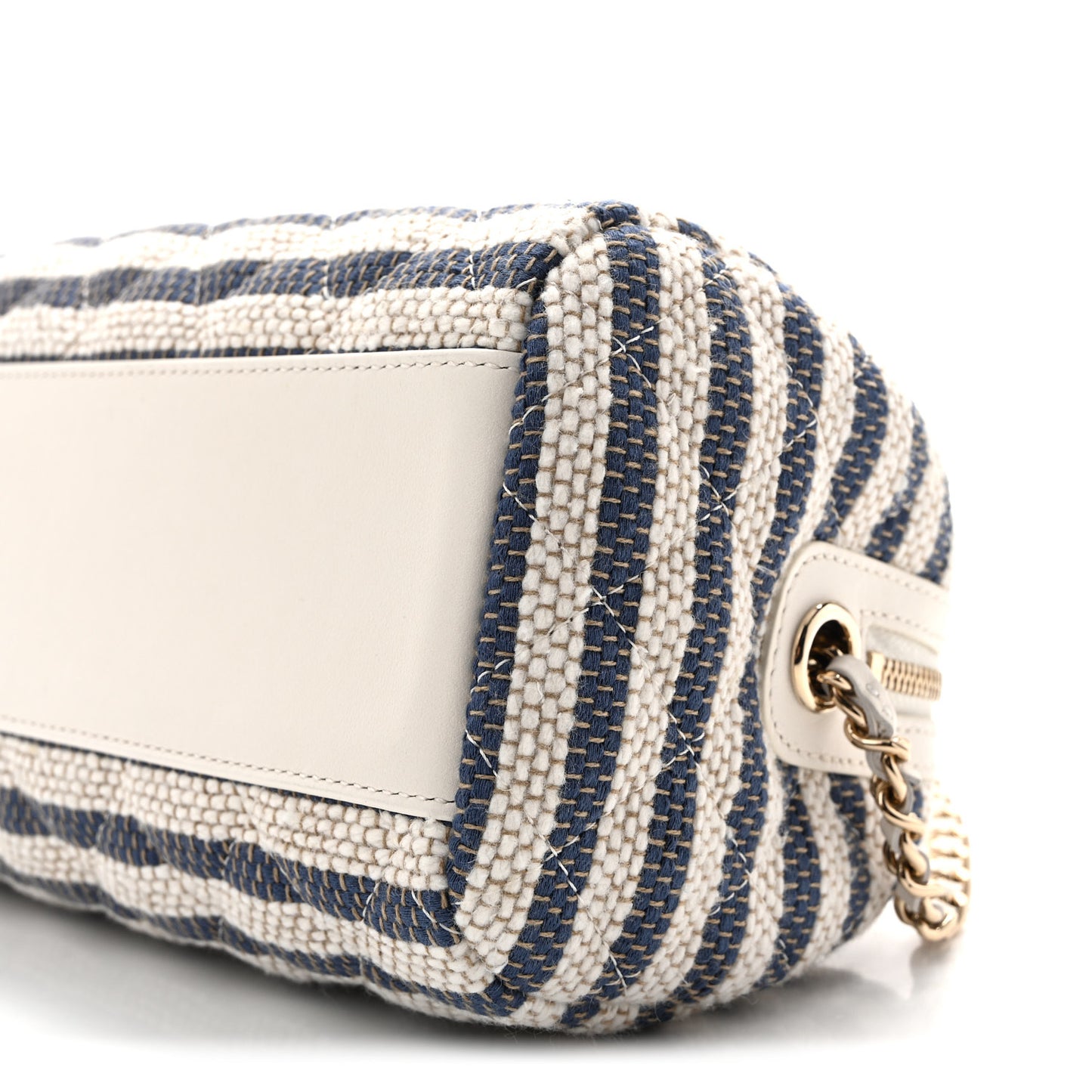 Printed Fabric Clutch With Chain Light Beige Dark Blue