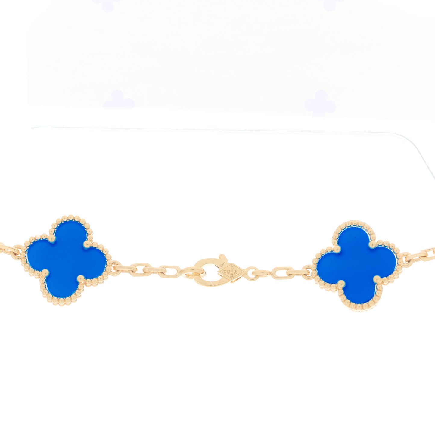 18K Yellow Gold Blue Agate 10 Motifs Vintage Alhambra Necklace