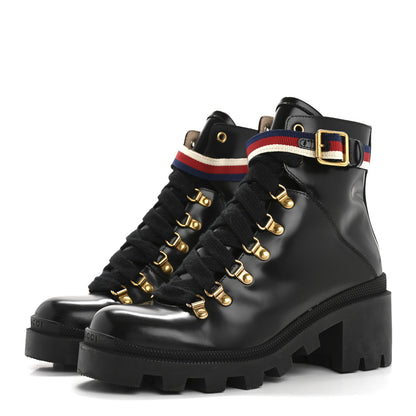 Gucci Calfskin Sylvie Web Womens Lace Up Combat Boots 38 Black 4 of 9