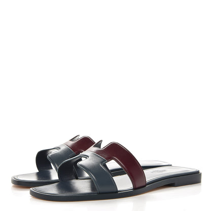 Hermes Box Calfskin Oran Sandals 37.5 Bleu Ardoise Bordeaux 3 of 8