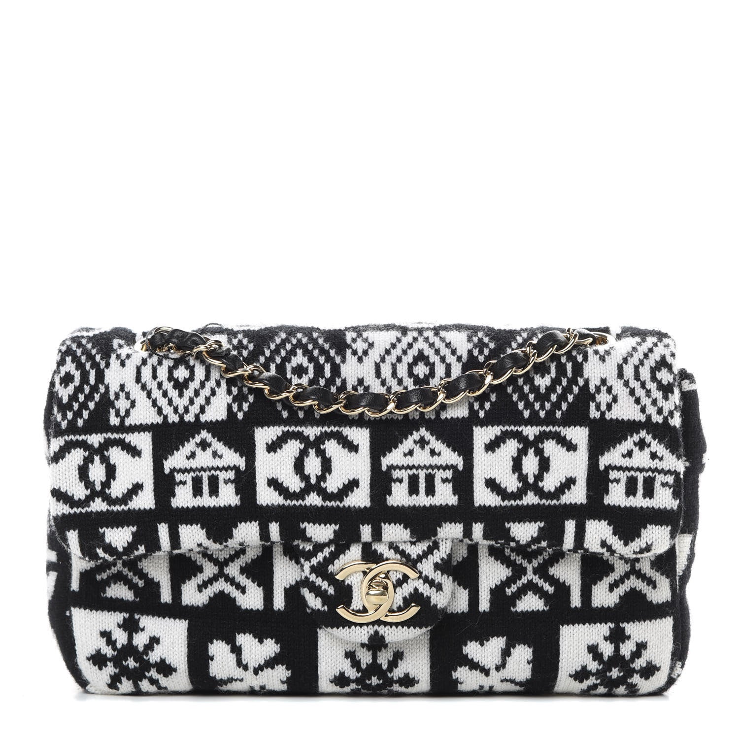 Chanel Cashmere Knit Coco Neige Flap Black White 1 of 10
