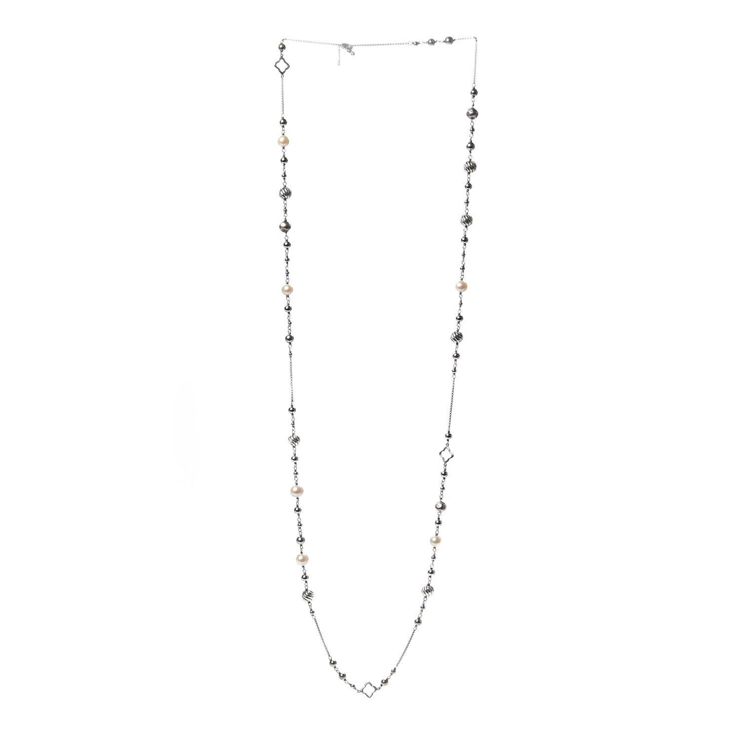 Sterling Silver Pearl Quatrefoil Bead Long Chain Necklace