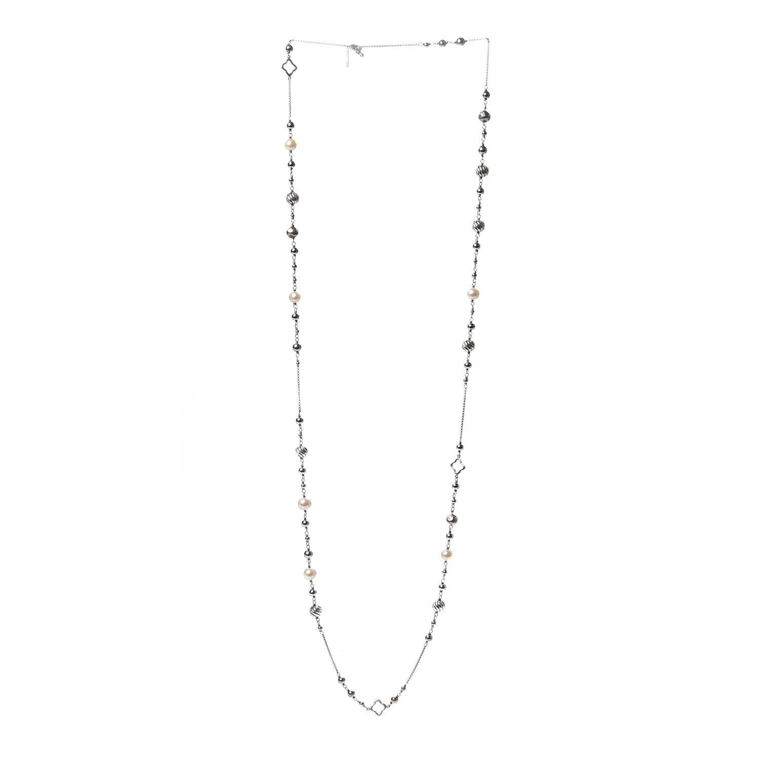 David Yurman Sterling Silver Pearl Quatrefoil Bead Long Chain Necklace 3 of 5