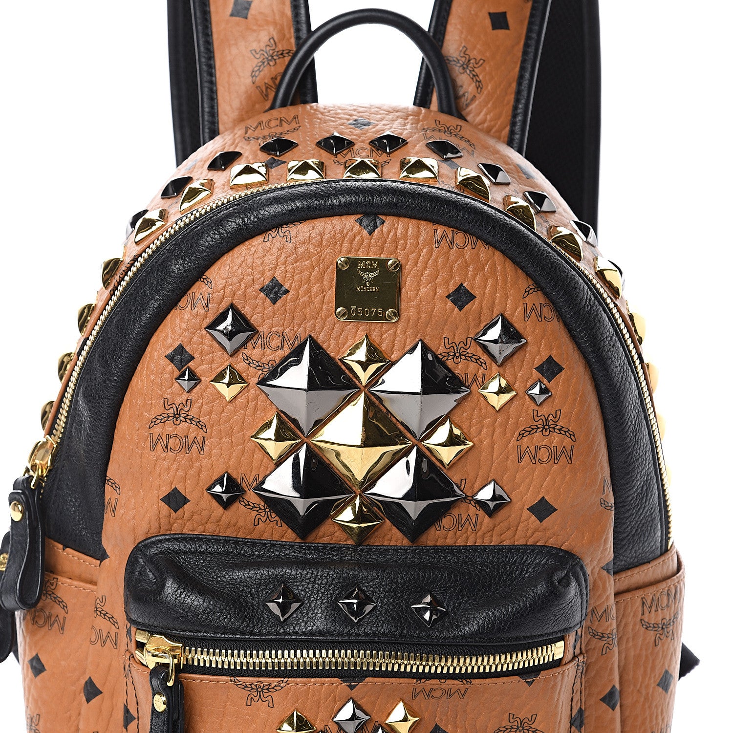 MCM Visetos Studded Colorblock Small Stark Brock Backpack Cognac Black 6 of 8