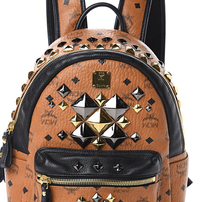MCM Visetos Studded Colorblock Small Stark Brock Backpack Cognac Black 6 of 8