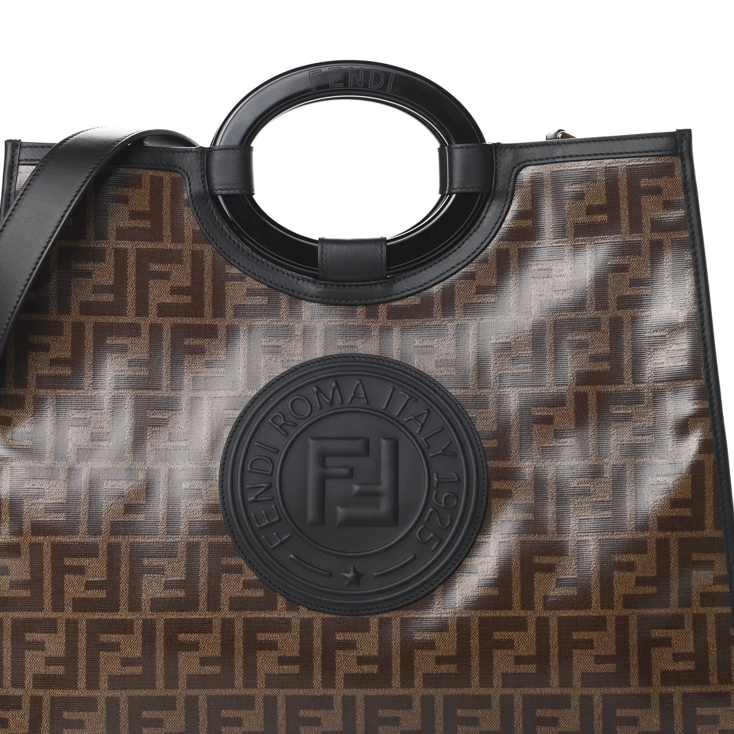 Fendi Glazed Fabric Vitello Century Plexiglass FF 1974 Stamp Patch Medium Runaway Shopper Tote Mogano Panna Black 8 of 10