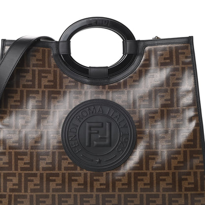 Fendi Glazed Fabric Vitello Century Plexiglass FF 1974 Stamp Patch Medium Runaway Shopper Tote Mogano Panna Black 8 of 10