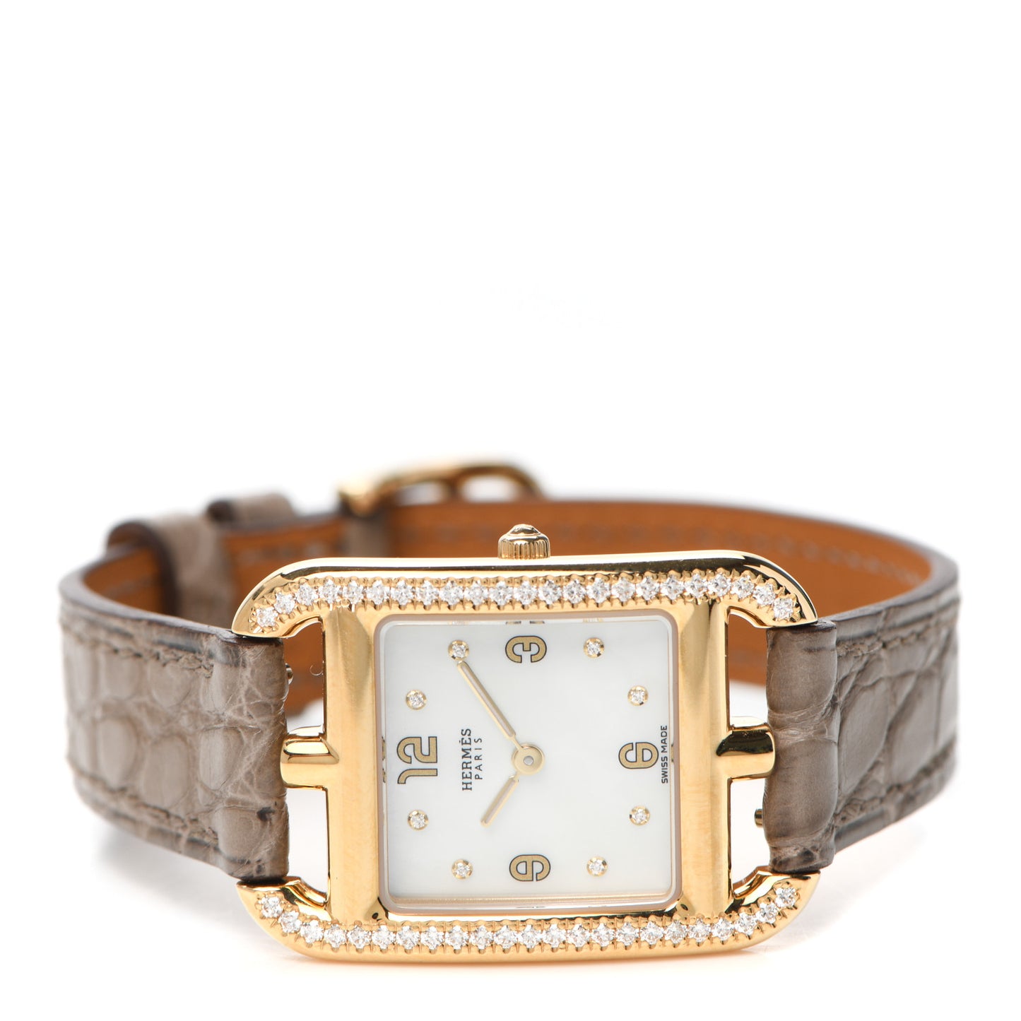 18K Yellow Gold Alligator Diamond Mother of Pearl 23mm Cape Cod Quartz Watch Gris Elephant
