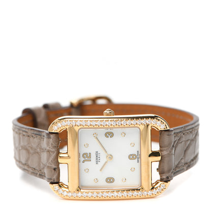 Hermes 18K Yellow Gold Alligator Diamond Mother of Pearl 23mm Cape Cod Quartz Watch Gris Elephant 2 of 5