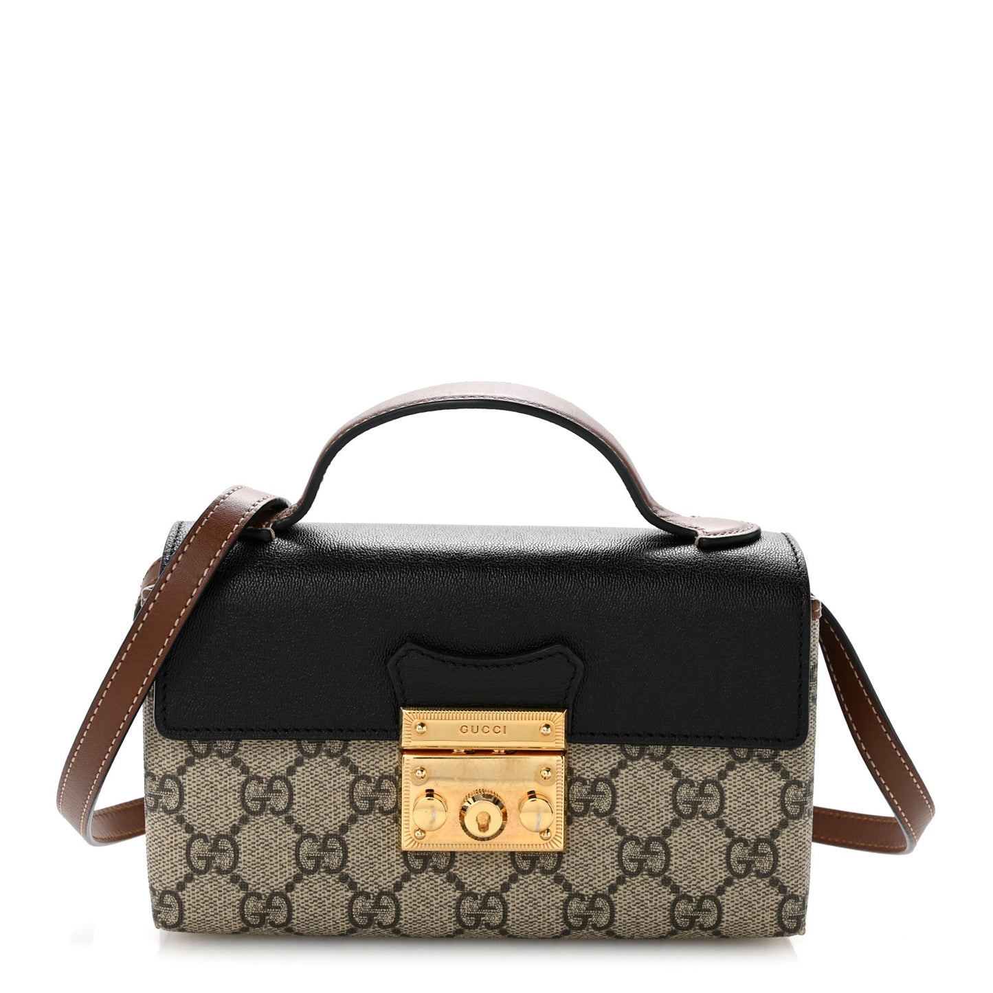 GG Supreme Monogram Calfskin Mini Padlock Top Handle Shoulder Bag Beige Black Cuir