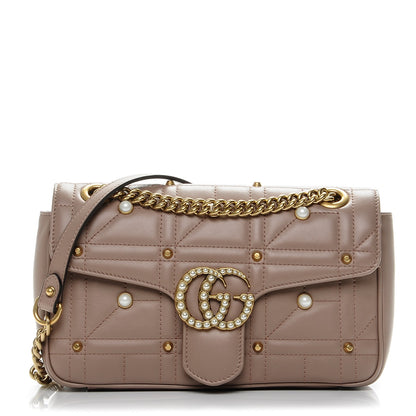 Gucci Calfskin Matelasse Studded Mini Pearly GG Marmont Shoulder Bag Porcelain Rose 1 of 7