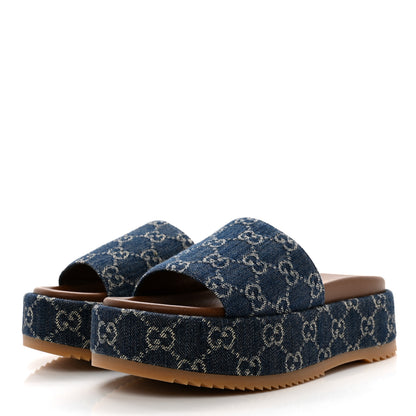Gucci New Denim GG Monogram Angelina Platform 55mm Slide Sandals 36.5 Blue Tea 3 of 9