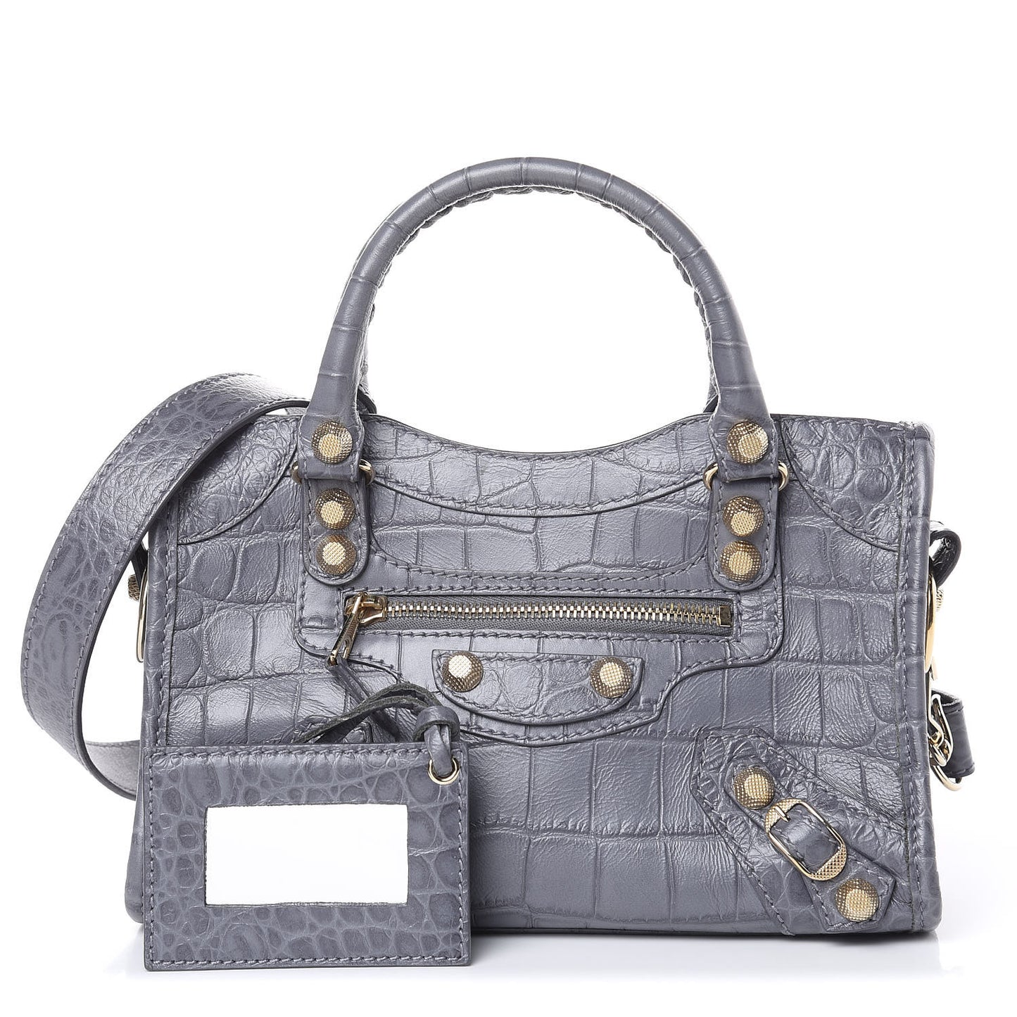 Calfskin Crocodile Embossed Giant 12 Gold Hardware Mini City Gris Beton