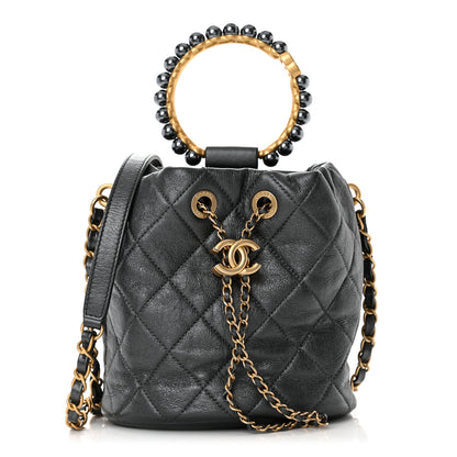 Chanel Metallic Lambskin Quilted Pearl Crown Drawstring Bag Anthracite 1 of 11