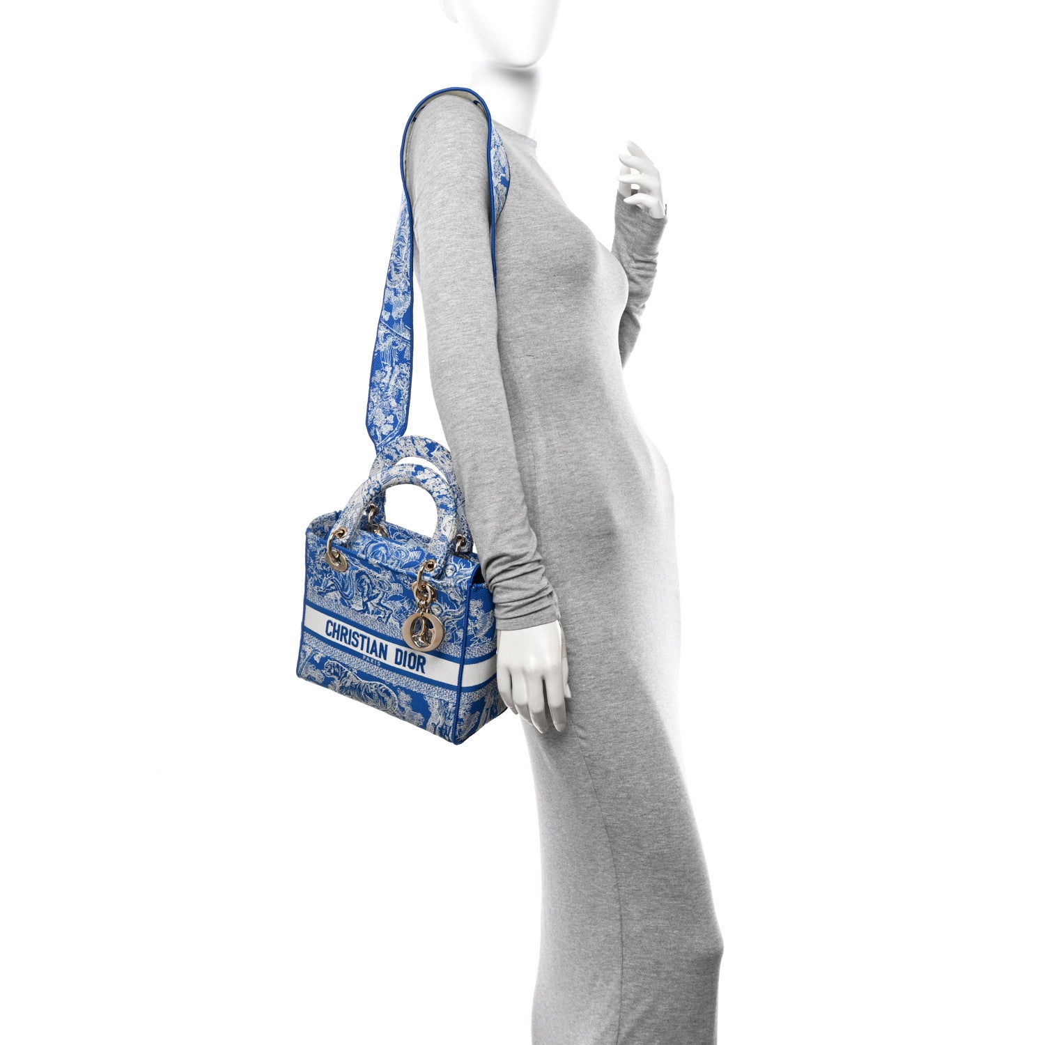 Christian Dior Canvas Toile De Jouy Reverse Embroidered Medium Lady D-Lite Fluorescent Blue 3 of 9