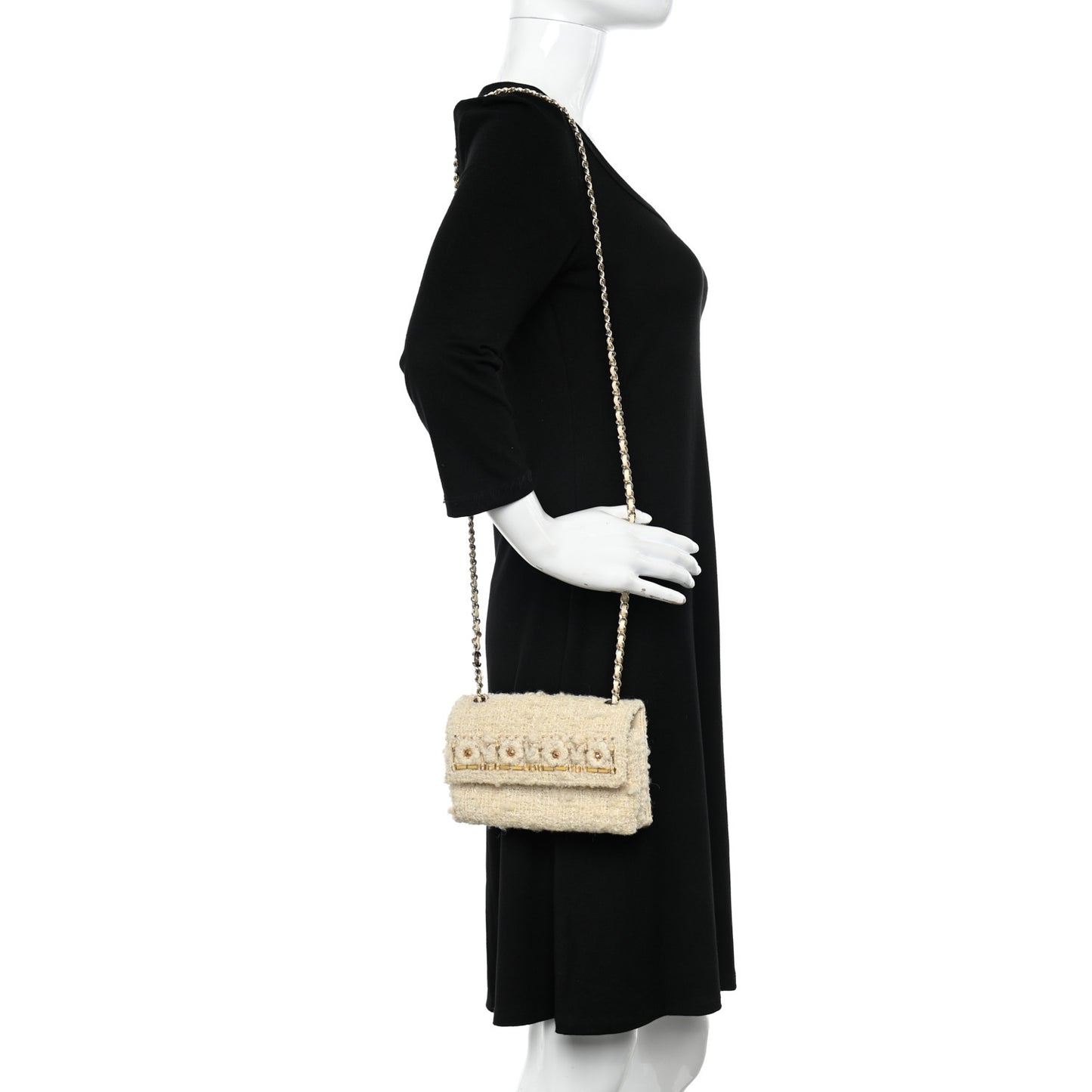 Tweed Flower Embroidered Flap Bag Ecru White