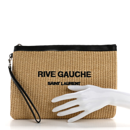 Saint Laurent Raffia Calfskin Rive Gauche Zipped Pouch Naturale Black 2 of 9