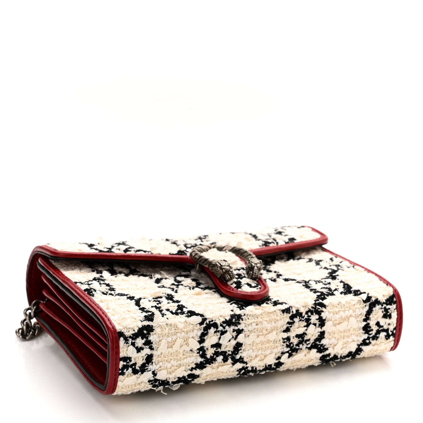 Tweed GG Monogram Mini Dionysus Chain Wallet White Black Romantic Cherry