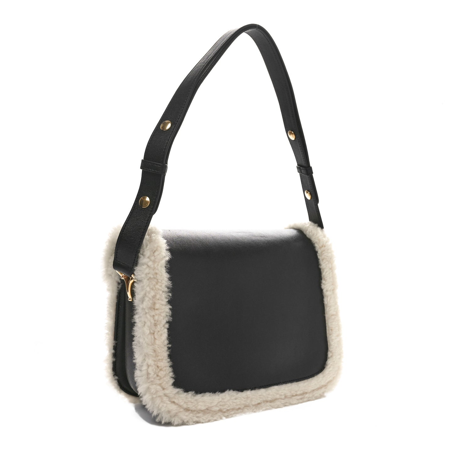 Sakai Be Green Calfskin Shearling Horsebit 1955 Shoulder Bag Black