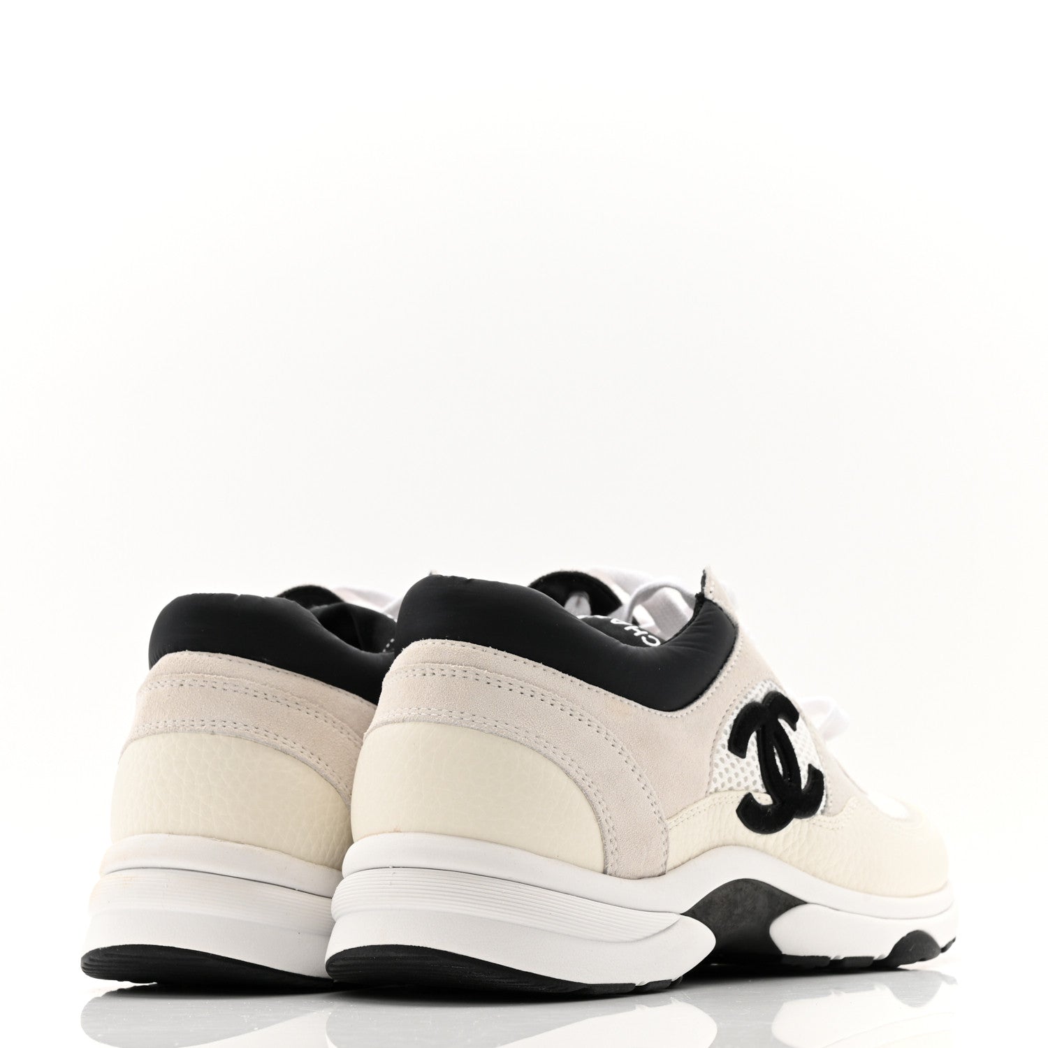 Chanel Mesh Suede Calfskin Grained Calfskin Womens CC Sneakers 39.5 White Black 4 of 13