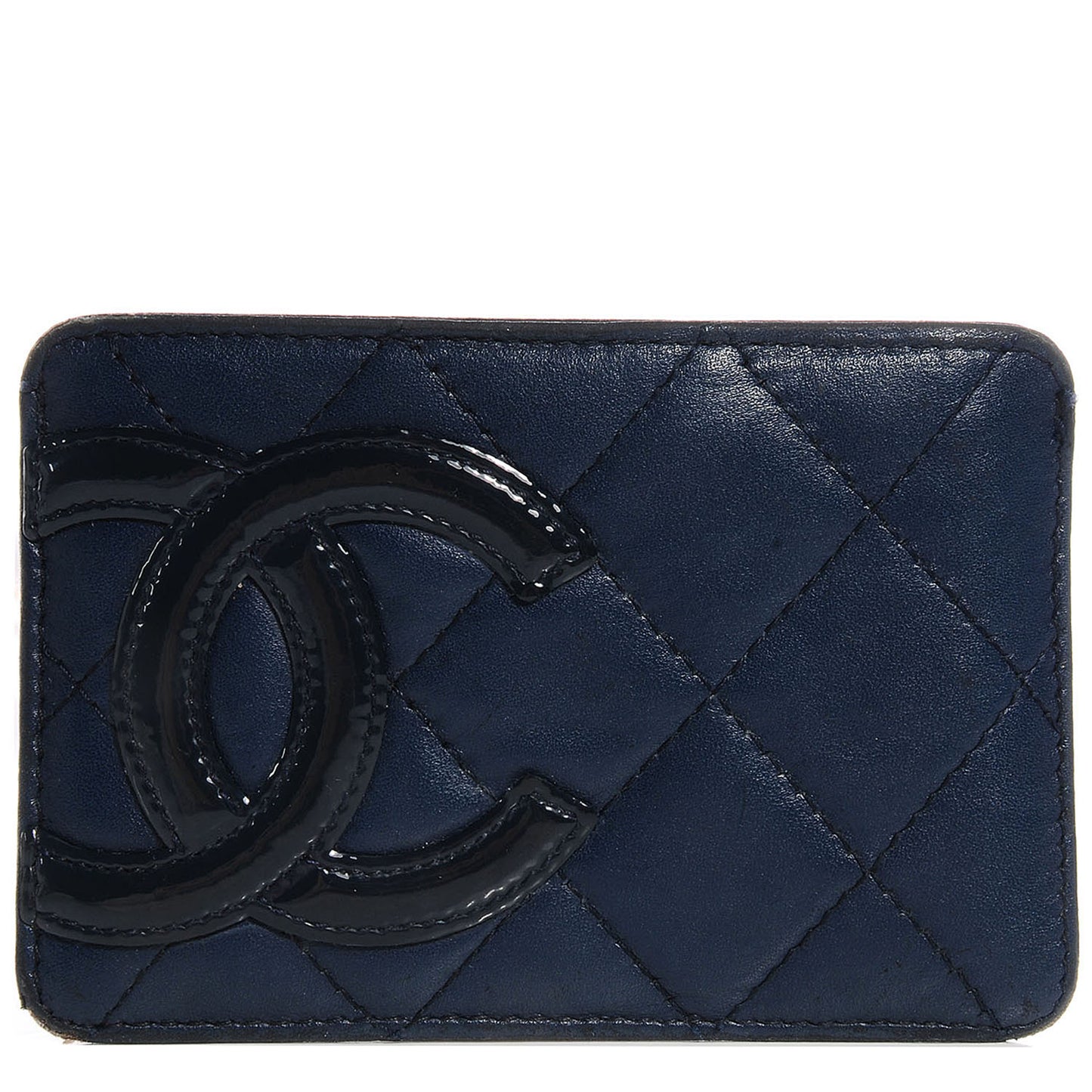 Calfskin Quilted Cambon Card Case Dark Blue