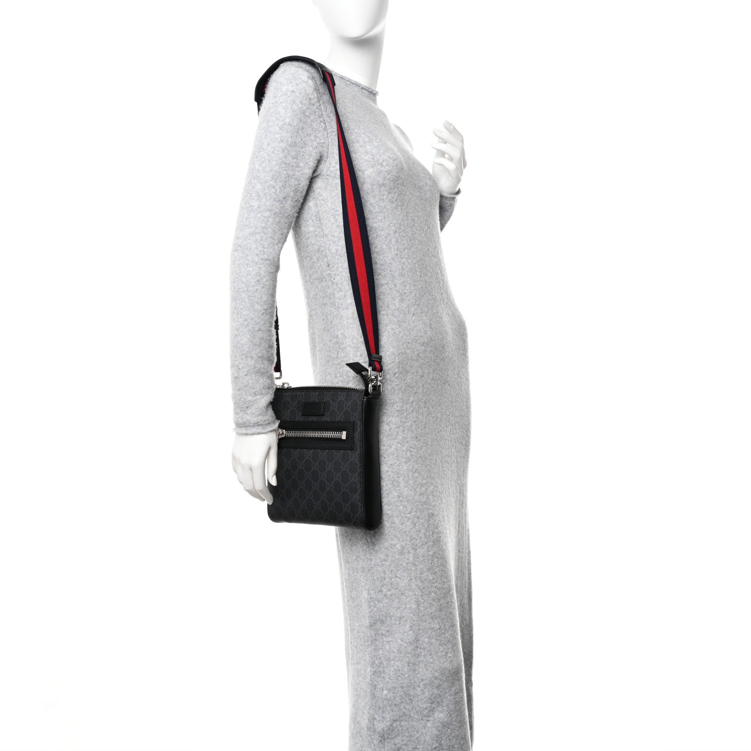 Gucci GG Supreme Monogram Web Small Flat Messenger Bag Black Grey 2 of 10